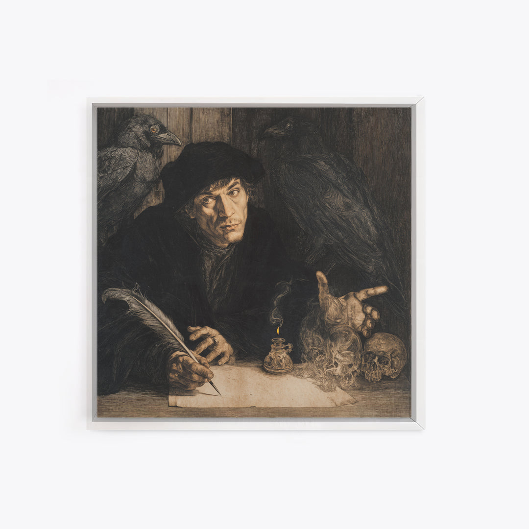 The Raven-Feather Quill, Danse Macabre Art, Square Wall Art, Macabre Wall Art, Framed Canvas Print, Halloween Wall Art