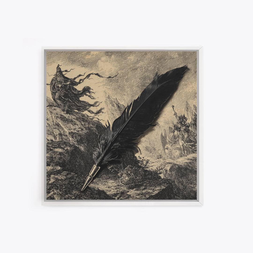 The Raven-Feather Quill, Baroque Witchcraft Art, Square Wall Art, Macabre Wall Art, Framed Canvas Print, Halloween Wall Art