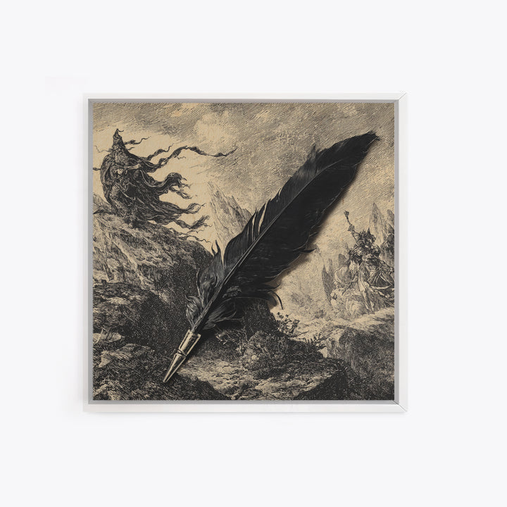 The Raven-Feather Quill, Baroque Witchcraft Art, Square Wall Art, Macabre Wall Art, Framed Canvas Print, Halloween Wall Art