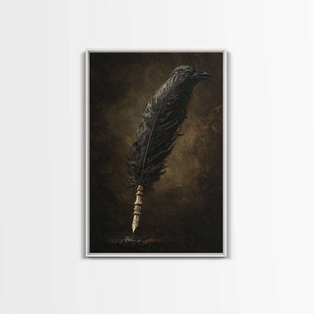 The Raven-Feather Quill, Dark Romantic Horror Art, Vertical Wall Art, Gothic Horror Wall Art, Framed Canvas Print, Halloween Wall Art