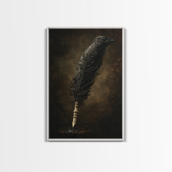 The Raven-Feather Quill, Dark Romantic Horror Art, Vertical Wall Art, Gothic Horror Wall Art, Framed Canvas Print, Halloween Wall Art