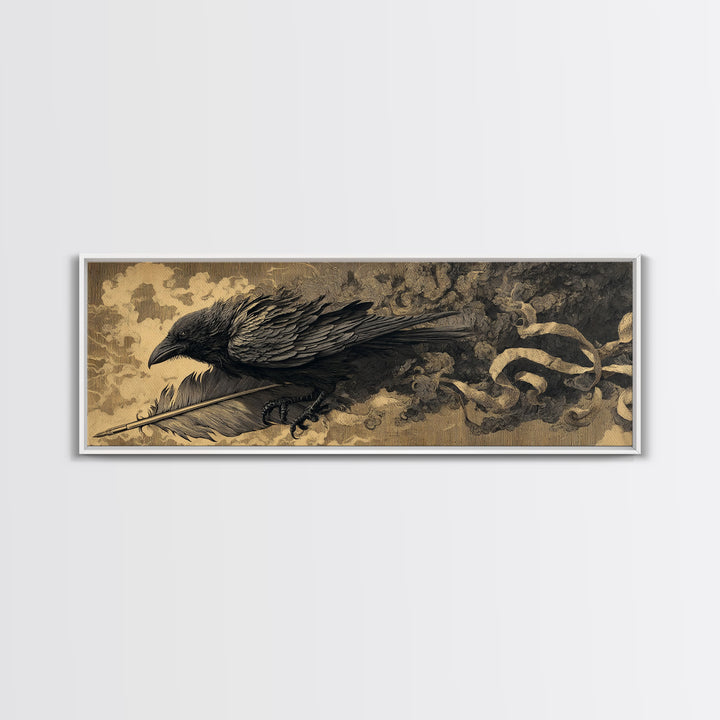 The Raven-Feather Quill, Apocalyptic Romantic Art, Extra Wide Wall Art, Dark Halloween Decor, Framed Canvas Print, Halloween Wall Art
