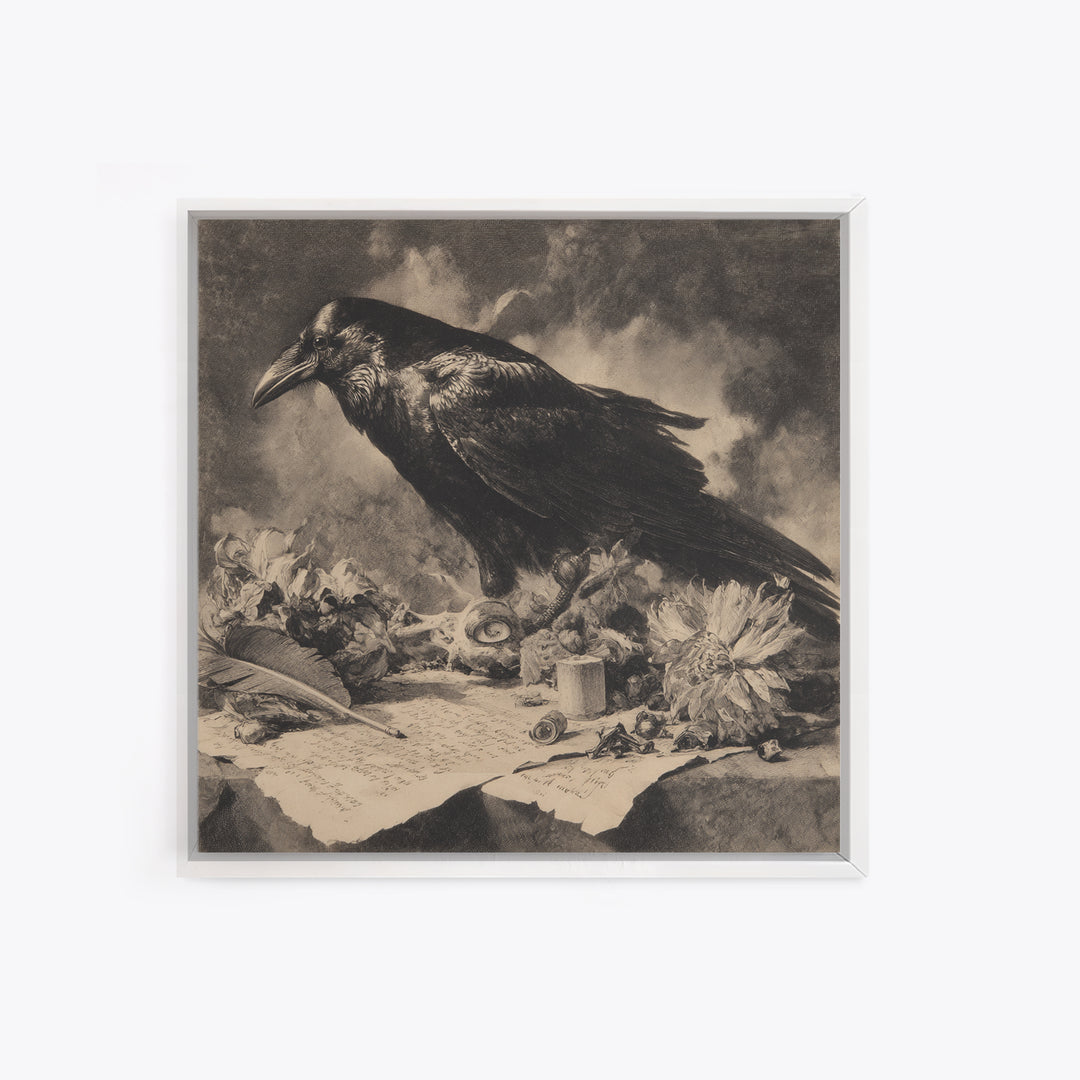 The Raven-Feather Quill, Symbolist Dream Art, Square Wall Art, Dark Halloween Decor, Framed Canvas Print, Halloween Wall Art