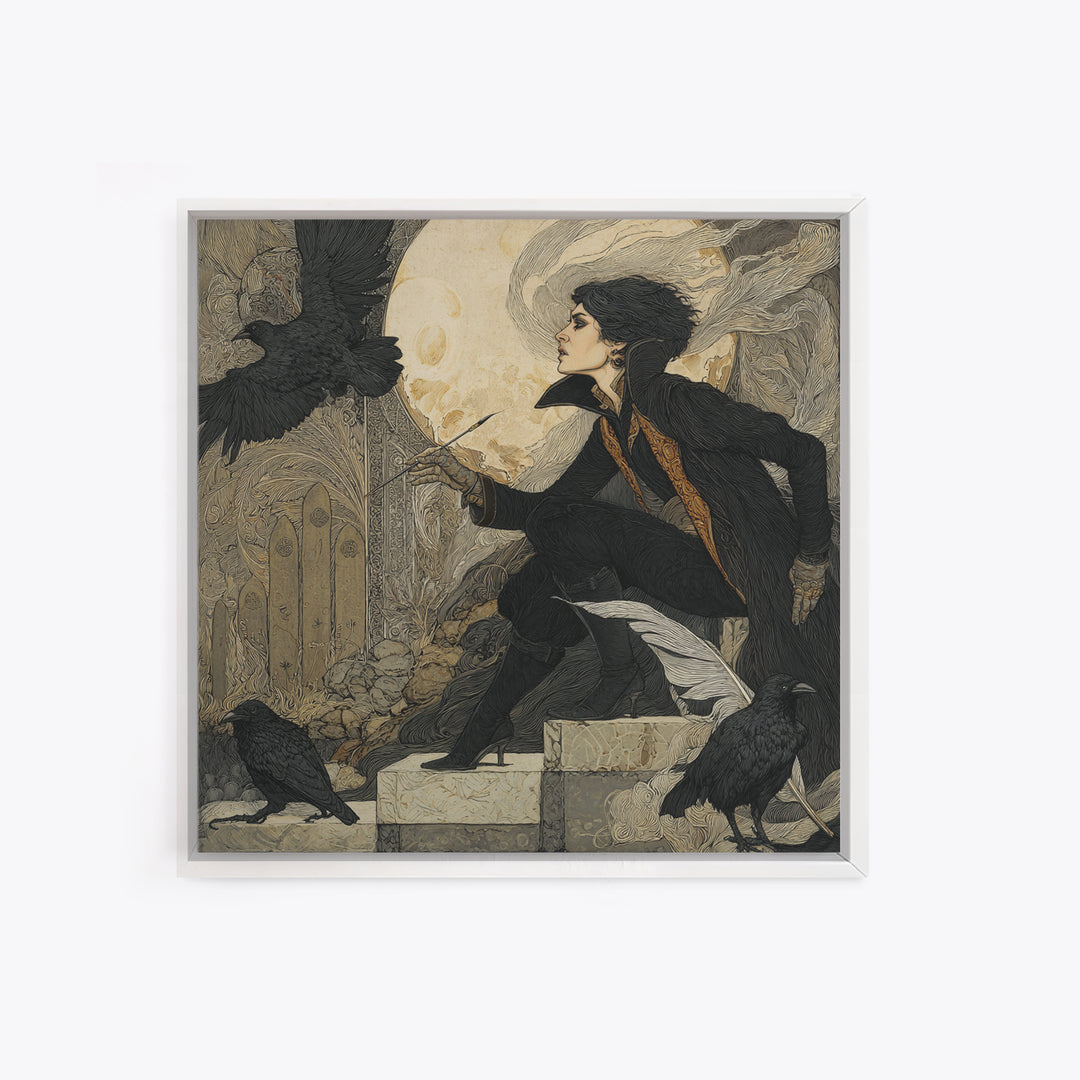 The Raven-Feather Quill, Symbolist Death Art, Square Wall Art, Gothic Horror Wall Art, Canvas Print, Halloween Wall Art