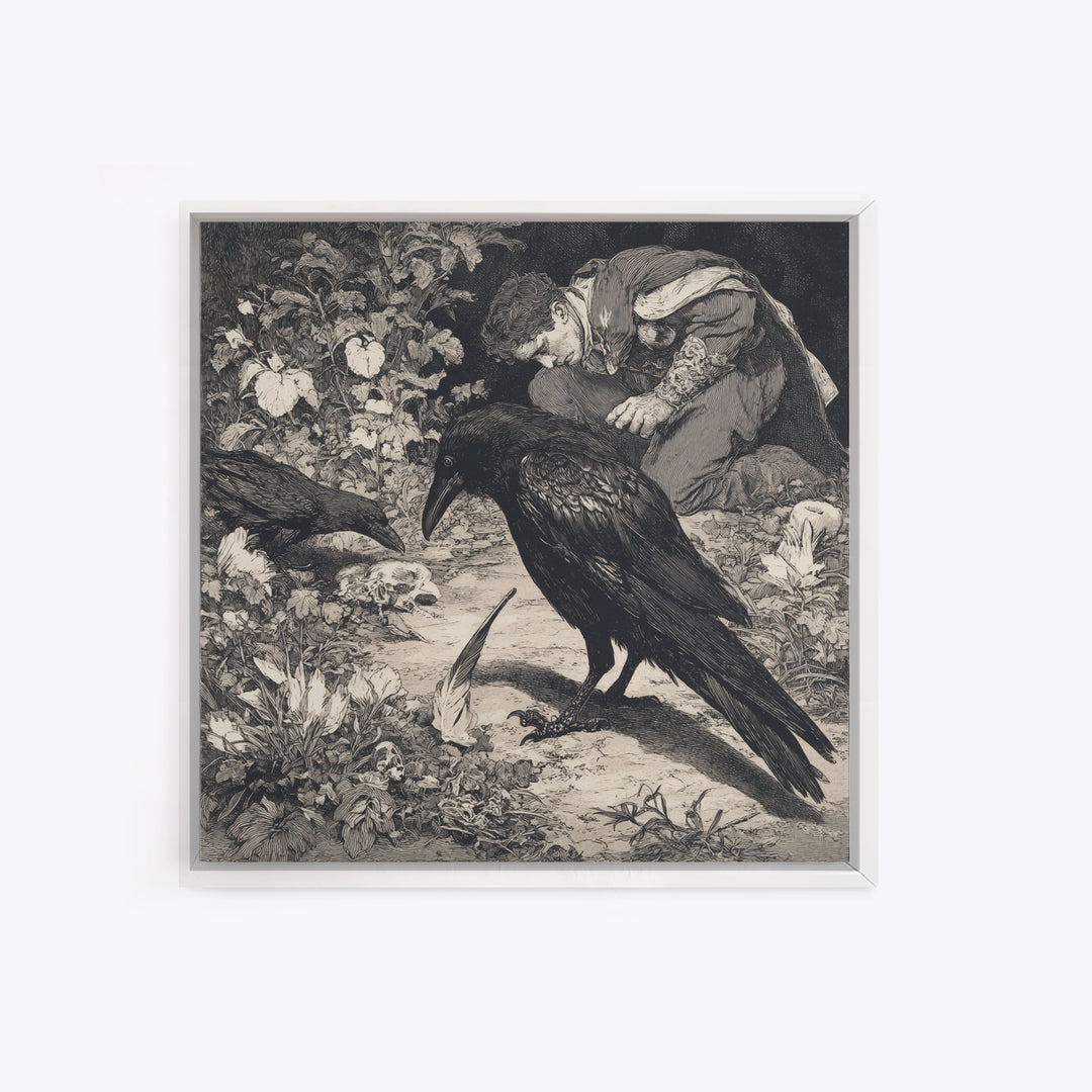 The Raven-Feather Quill, Symbolist Etching Art, Square Wall Art, Gothic Horror Wall Art, Framed Canvas Print, Halloween Wall Art