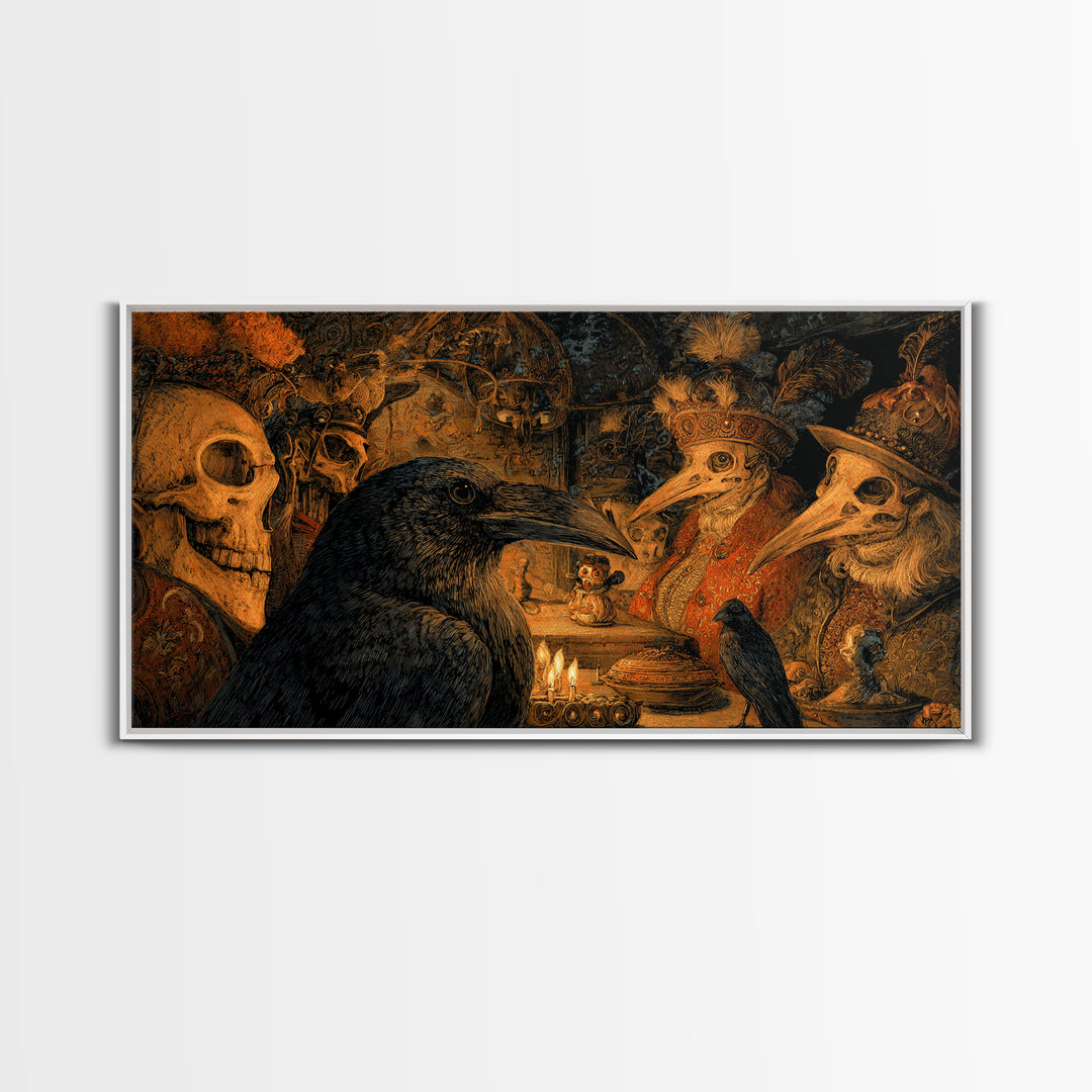 The Raven-Feather Quill, Grotesque Carnival Art, Wide Panoramic Art, Dark Fantasy Wall Art, Framed Canvas Print, Halloween Wall Art
