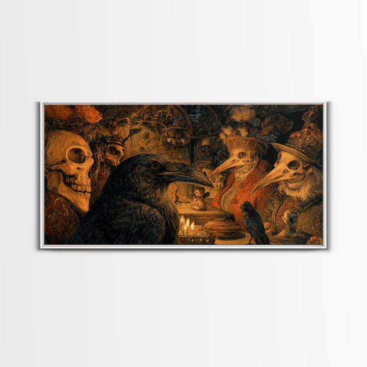 The Raven-Feather Quill, Grotesque Carnival Art, Wide Panoramic Art, Dark Fantasy Wall Art, Framed Canvas Print, Halloween Wall Art