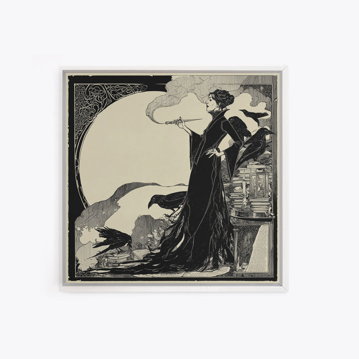 The Raven-Feather Quill, Decadent Line Art, Square Wall Art, Dark Fantasy Wall Art, Framed Canvas Print, Halloween Wall Art