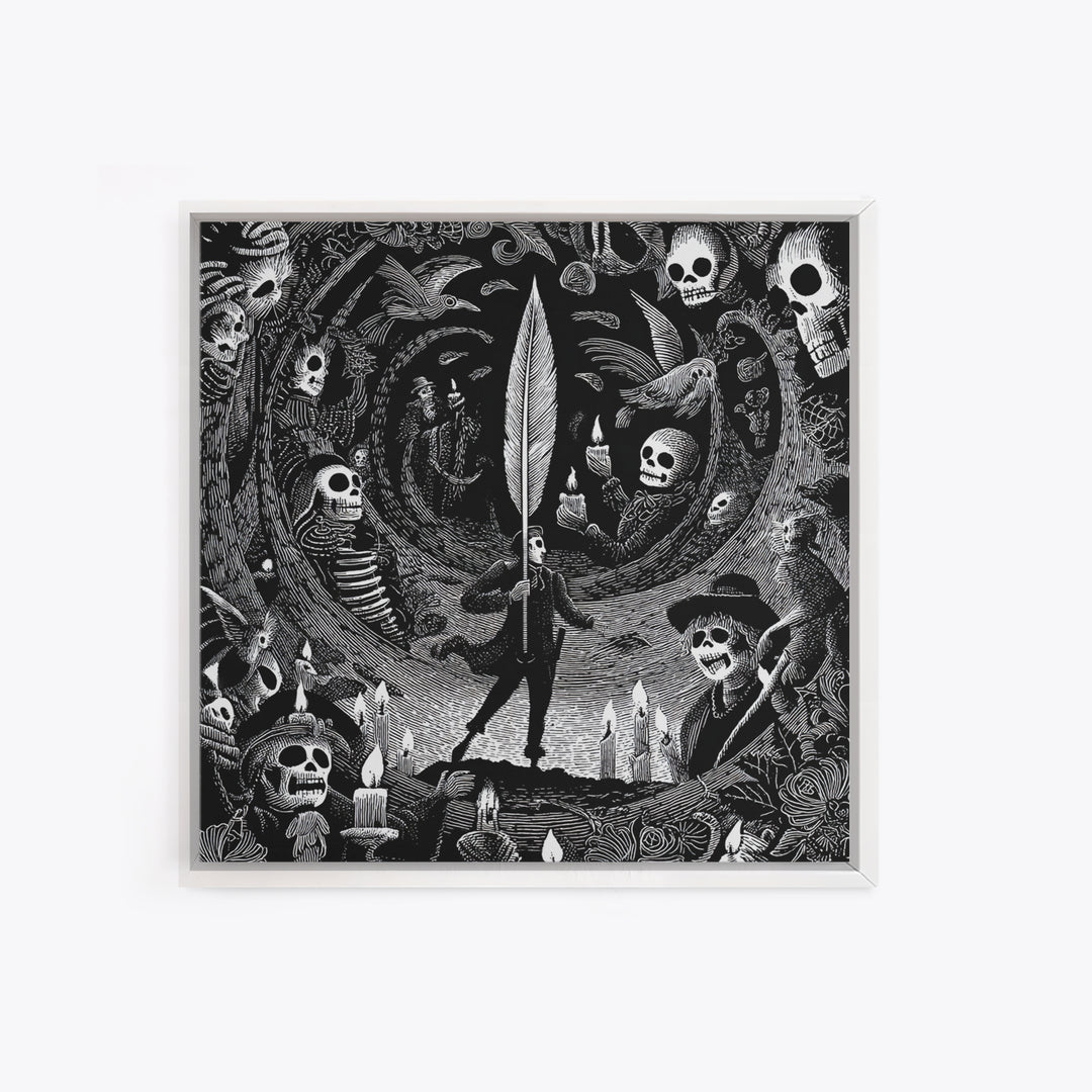 The Raven-Feather Quill, Macabre Folk Print Art, Square Wall Art, Gothic Horror Wall Art, Canvas Print, Halloween Wall Art