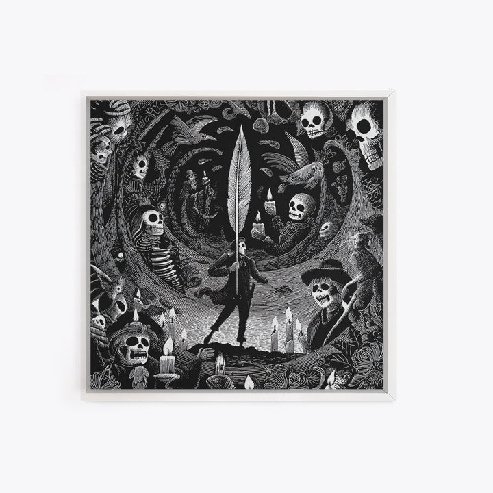 The Raven-Feather Quill, Macabre Folk Print Art, Square Wall Art, Gothic Horror Wall Art, Canvas Print, Halloween Wall Art