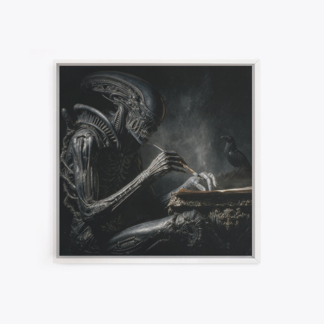 The Raven-Feather Quill, Biomechanical Horror Art, Square Wall Art, Macabre Wall Art, Canvas Print, Halloween Wall Art, Horror Wall Art