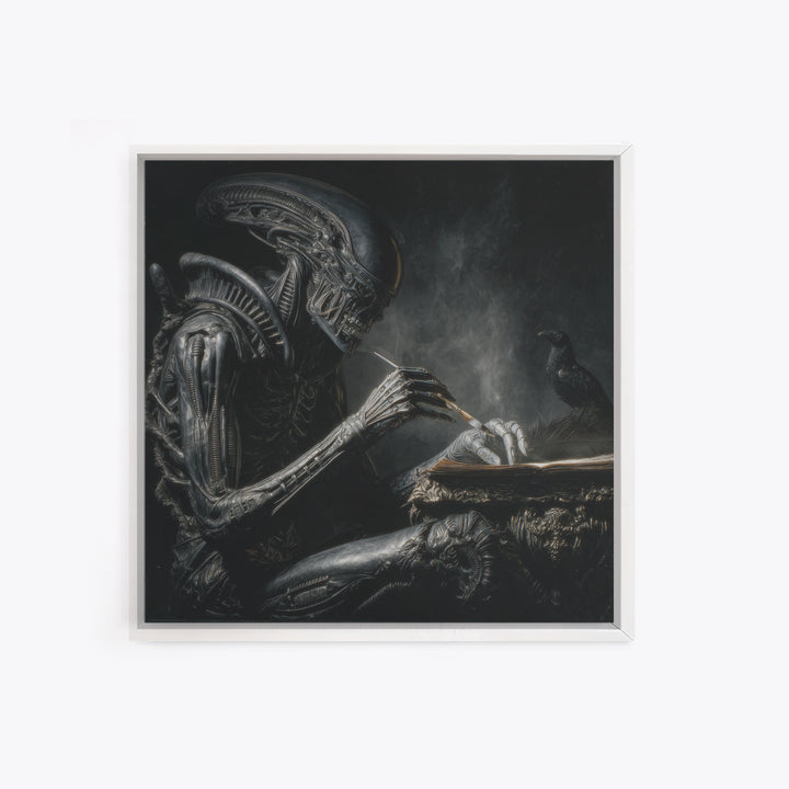 The Raven-Feather Quill, Biomechanical Horror Art, Square Wall Art, Macabre Wall Art, Canvas Print, Halloween Wall Art, Horror Wall Art