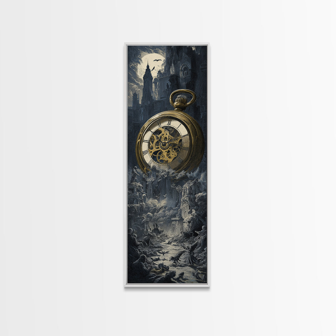 The Cursed Pocket Watch, Gothic Engraving Art, Tall Narrow Wall Art, Dark Halloween Decor, Framed Canvas Print, Halloween Wall Art