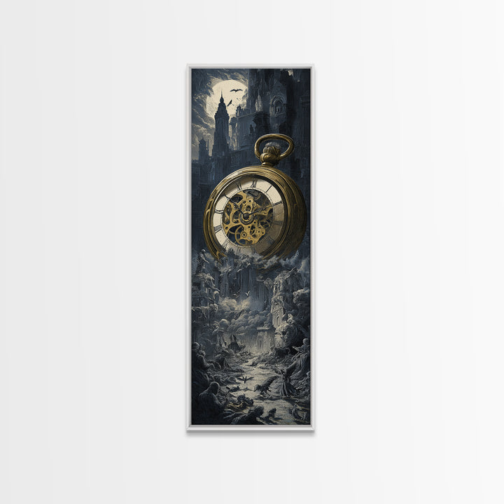The Cursed Pocket Watch, Gothic Engraving Art, Tall Narrow Wall Art, Dark Halloween Decor, Framed Canvas Print, Halloween Wall Art
