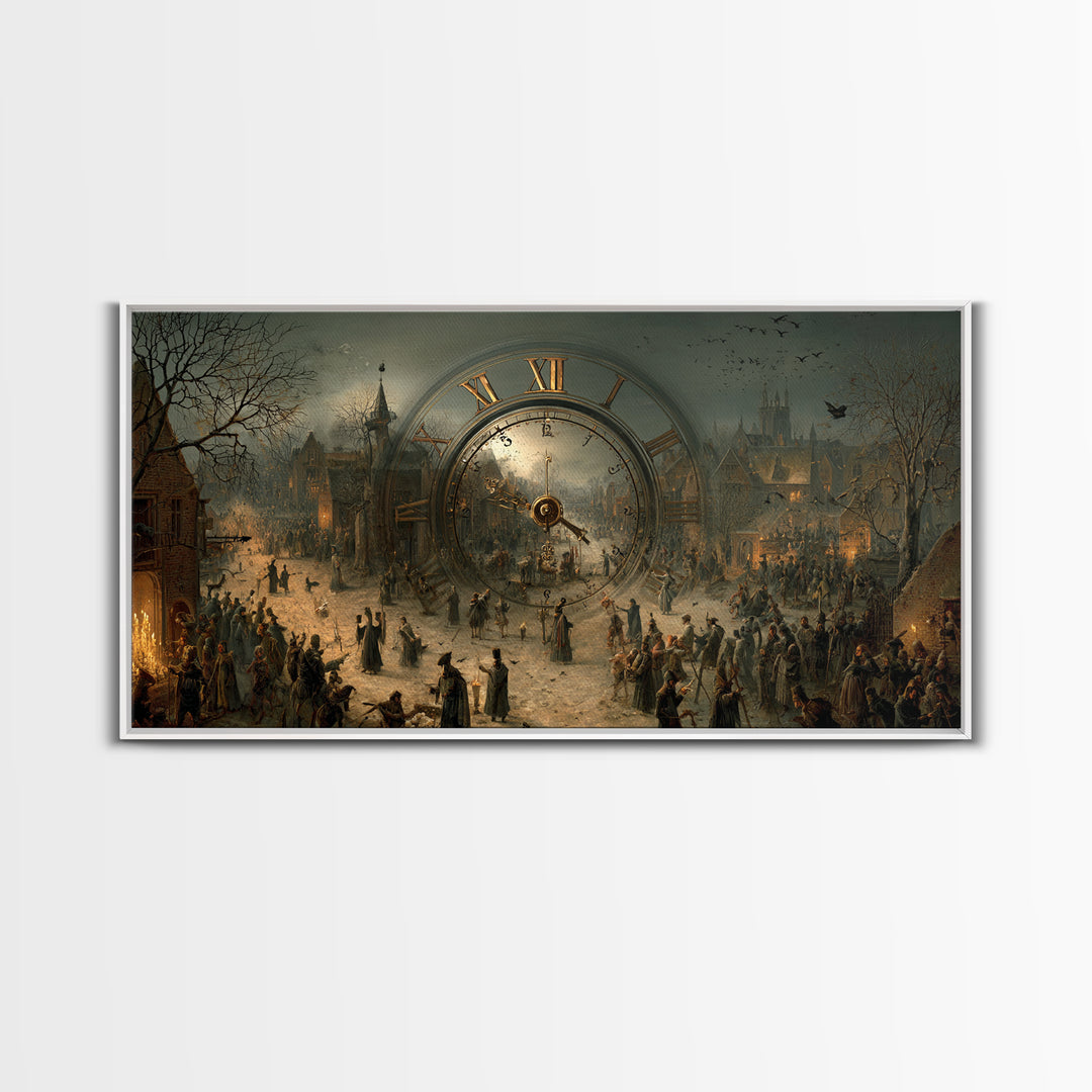 The Cursed Pocket Watch, Northern Renaissance Horror, Wide Panoramic Art, Dark Halloween Decor, Framed Canvas Print