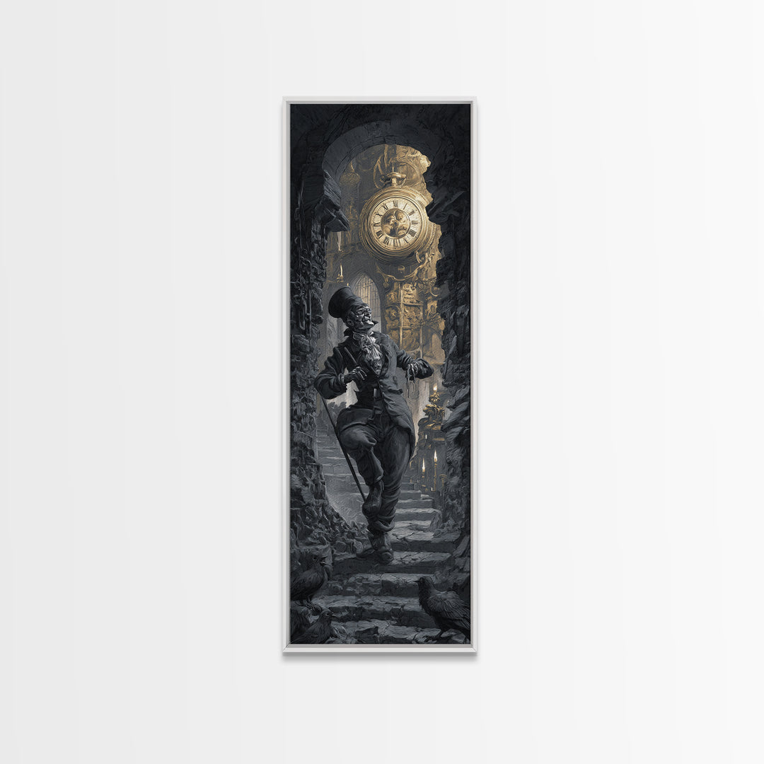 The Cursed Pocket Watch, Architectural Etching Art, Tall Narrow Wall Art, Dark Halloween Decor, Framed Canvas Print