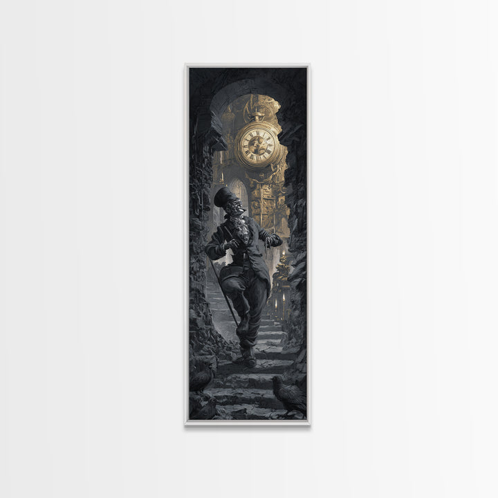 The Cursed Pocket Watch, Architectural Etching Art, Tall Narrow Wall Art, Dark Halloween Decor, Framed Canvas Print