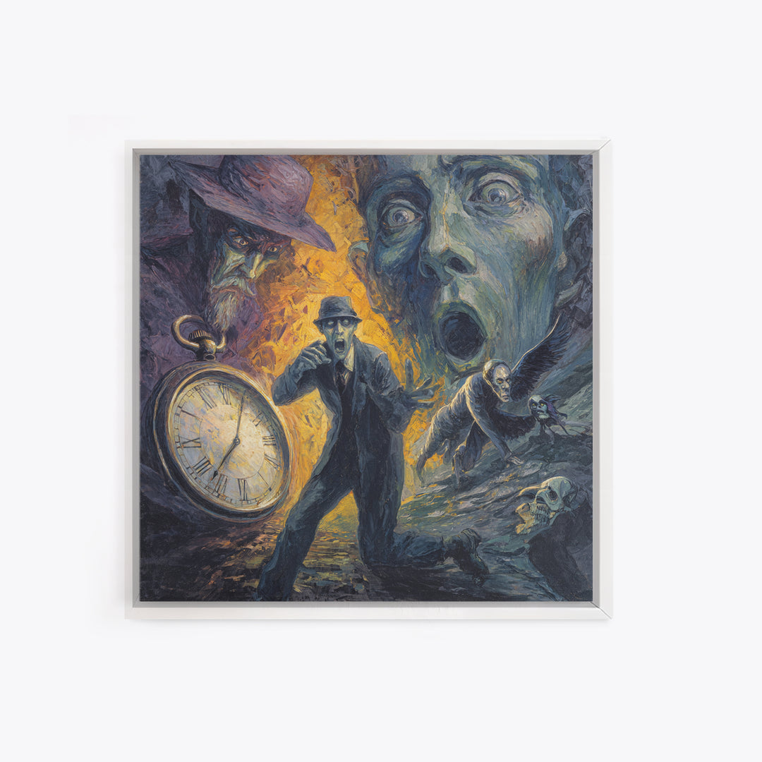 The Cursed Pocket Watch, Expressionist Gothic Art, Square Wall Art, Dark Halloween Decor, Framed Canvas Print, Halloween Wall Art