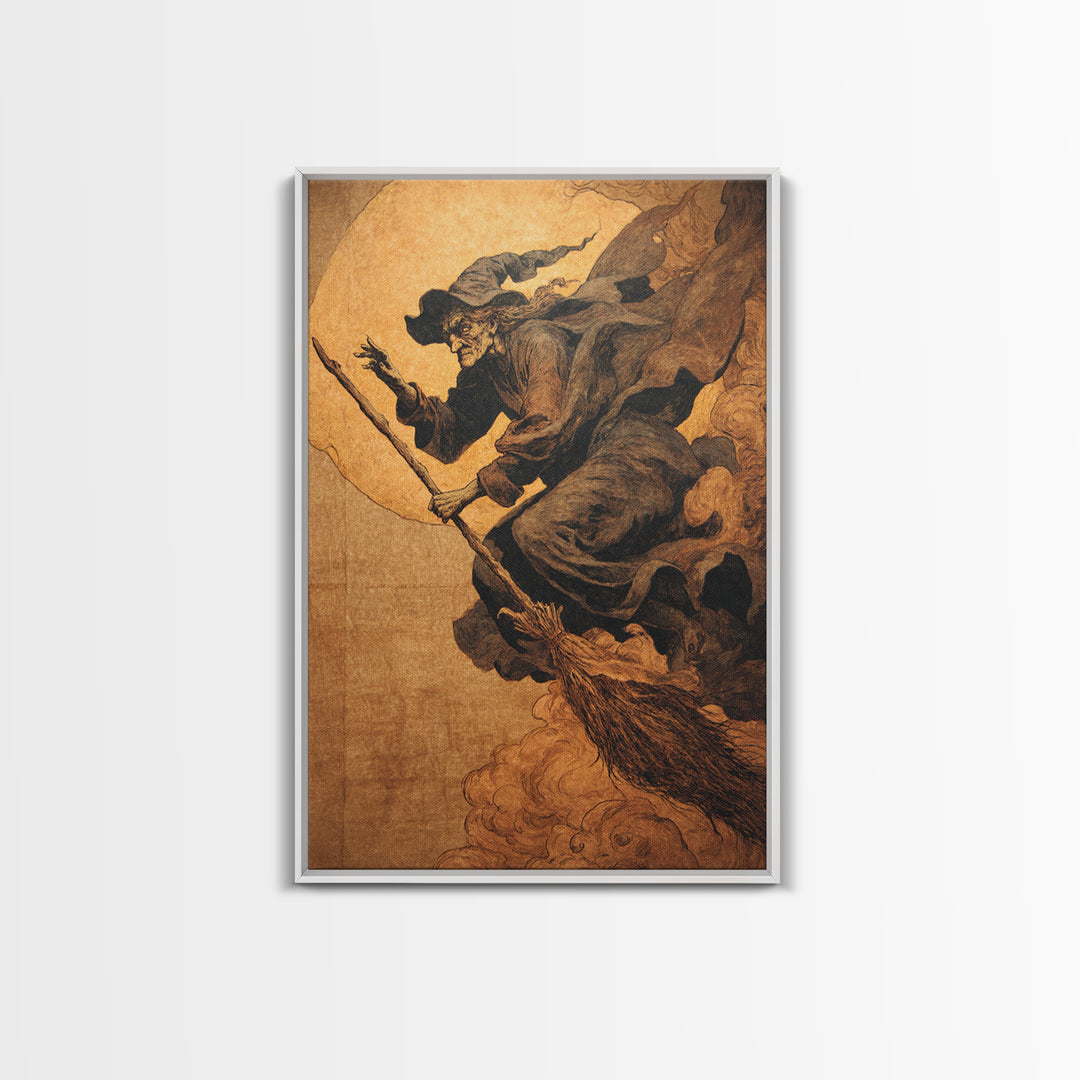 The Witch'S Broom, Dark Renaissance Art, Vertical Wall Art, Dark Fantasy Wall Art, Canvas Print, Halloween Wall Art