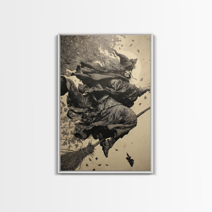 The Witch'S Broom, Renaissance Engraving Art, Vertical Wall Art, Gothic Horror Wall Art, Canvas Print, Halloween Wall Art