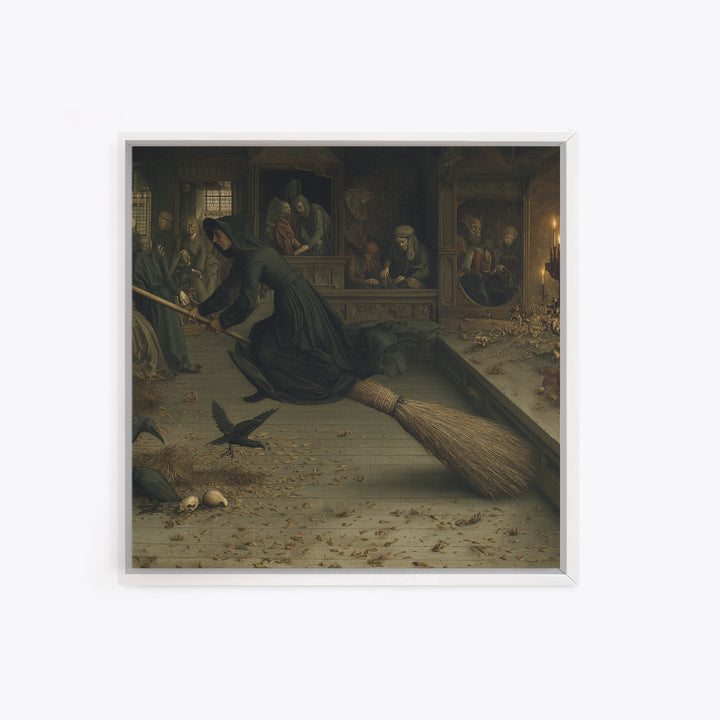 The Witch'S Broom, Danse Macabre Art, Square Wall Art, Dark Halloween Decor, Framed Canvas Print, Halloween Wall Art