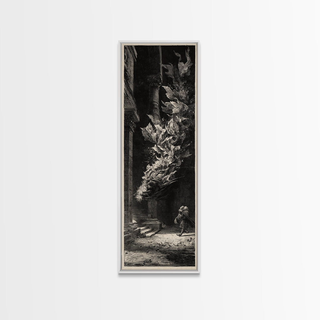 The Witch'S Broom, Architectural Etching Art, Tall Narrow Wall Art, Dark Fantasy Wall Art, Framed Canvas Print