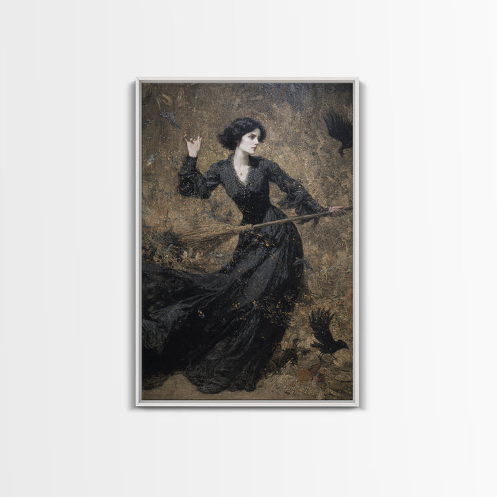 The Witch'S Broom, Ornate Symbolist Art, Vertical Wall Art, Dark Halloween Decor, Framed Canvas Print, Halloween Wall Art