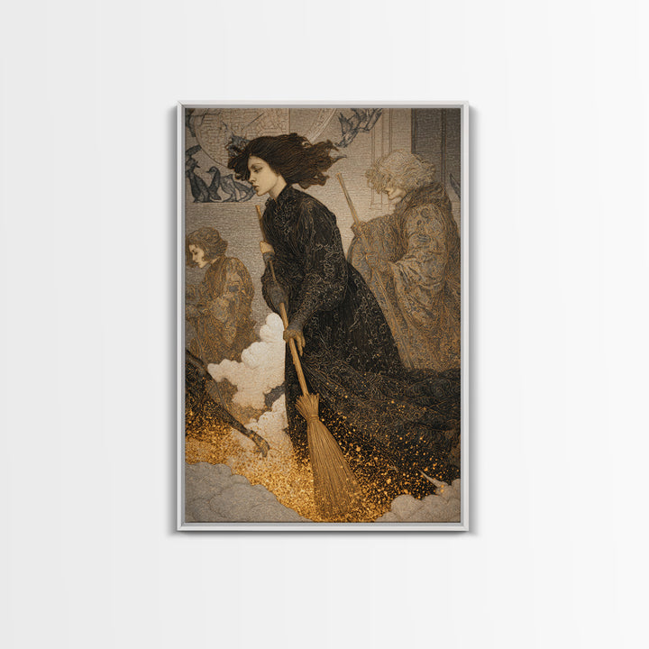 The Witch'S Broom, Symbolist Death Art, Vertical Wall Art, Macabre Wall Art, Framed Canvas Print, Halloween Wall Art