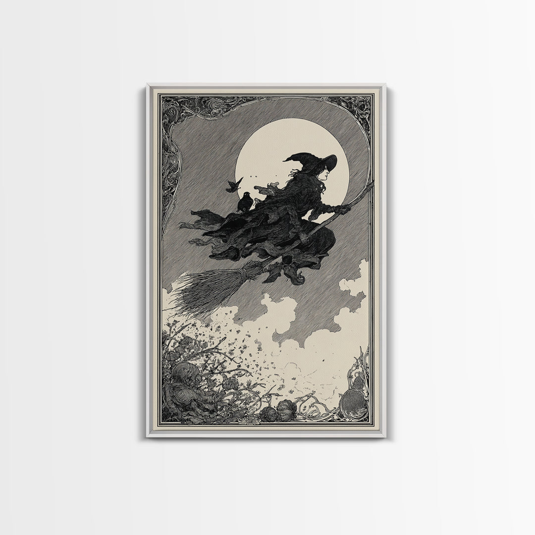 The Witch'S Broom, Decadent Line Art, Vertical Wall Art, Macabre Wall Art, Canvas Print, Halloween Wall Art, Gothic Home Decor