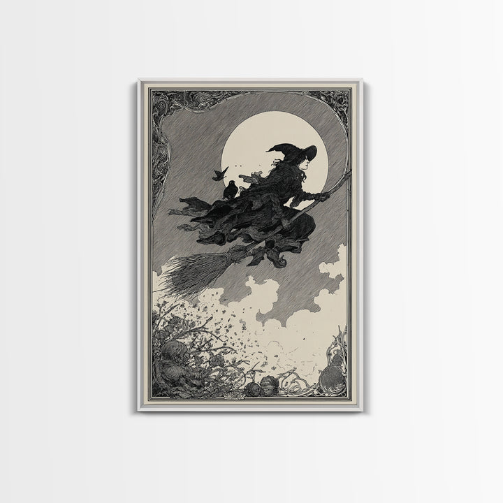 The Witch'S Broom, Decadent Line Art, Vertical Wall Art, Macabre Wall Art, Canvas Print, Halloween Wall Art, Gothic Home Decor