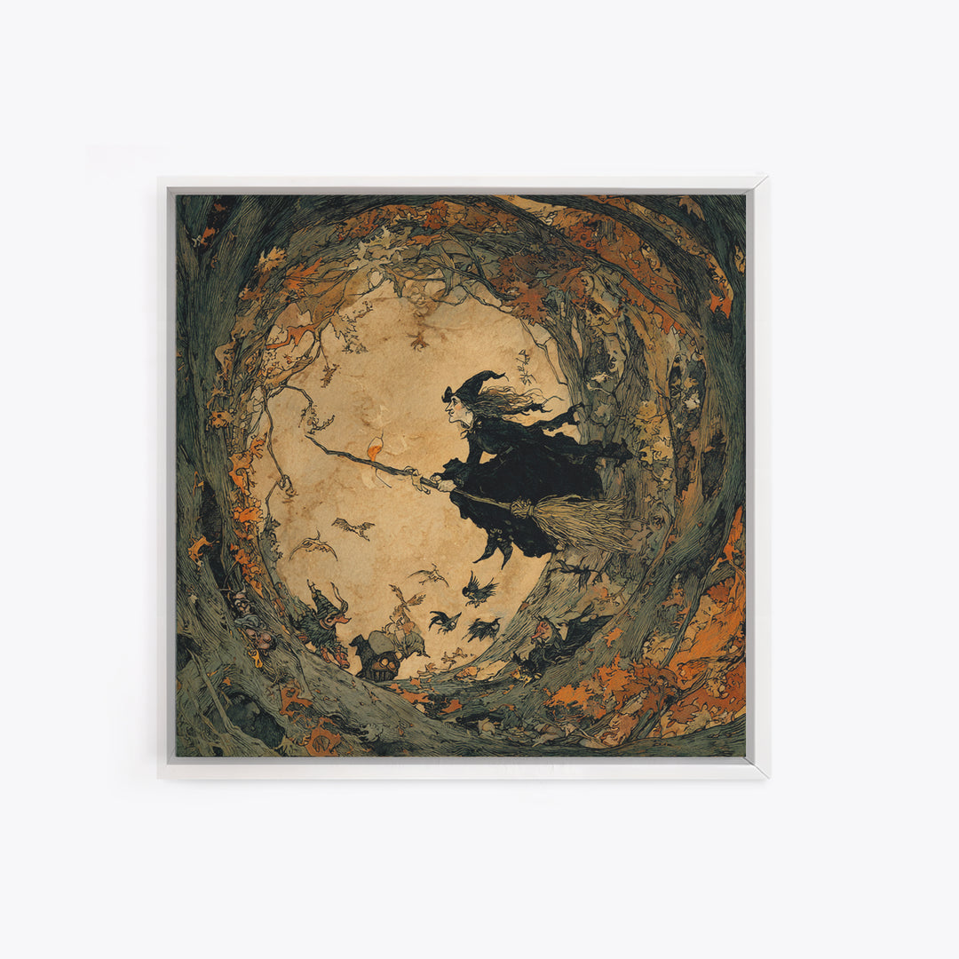 The Witch'S Broom, Gothic Storybook Art, Square Wall Art, Macabre Wall Art, Canvas Print, Halloween Wall Art, Spooky Wall Decor