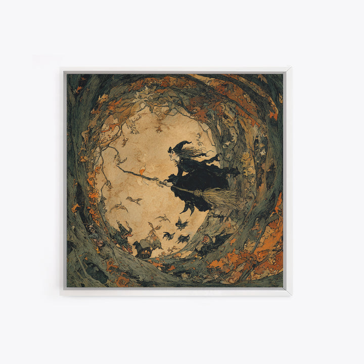 The Witch'S Broom, Gothic Storybook Art, Square Wall Art, Macabre Wall Art, Canvas Print, Halloween Wall Art, Spooky Wall Decor