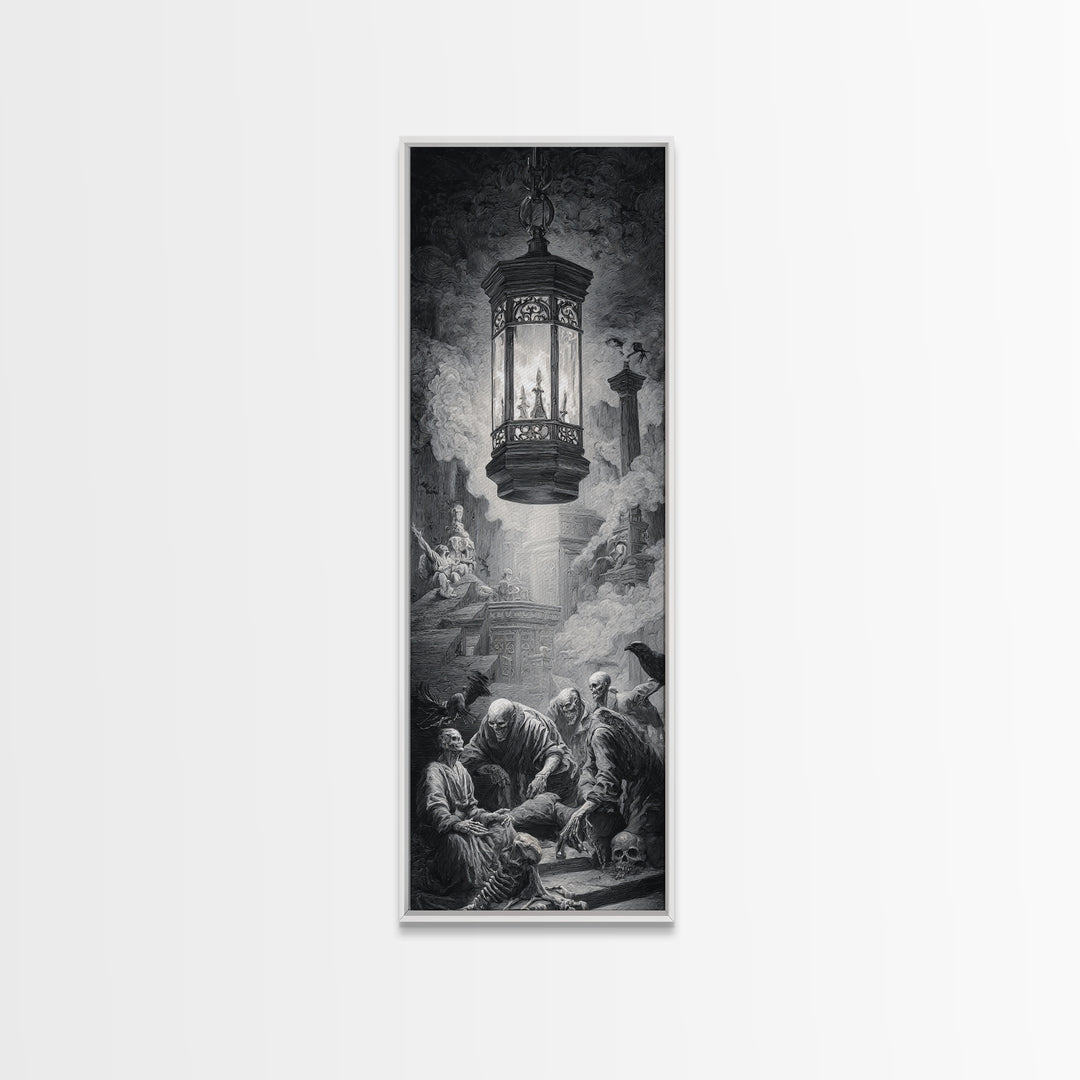 The Bone-Handled Lantern, Architectural Etching Art, Tall Narrow Wall Art, Dark Fantasy Wall Art, Framed Canvas Print