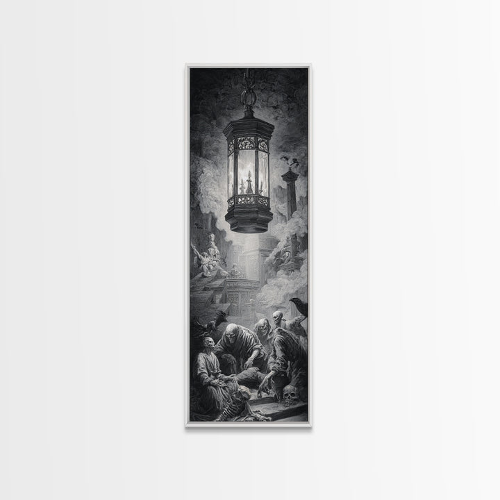 The Bone-Handled Lantern, Architectural Etching Art, Tall Narrow Wall Art, Dark Fantasy Wall Art, Framed Canvas Print