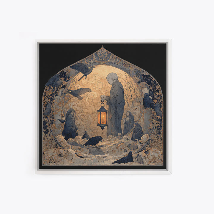The Bone-Handled Lantern, Symbolist Death Art, Square Wall Art, Dark Halloween Decor, Framed Canvas Print, Halloween Wall Art