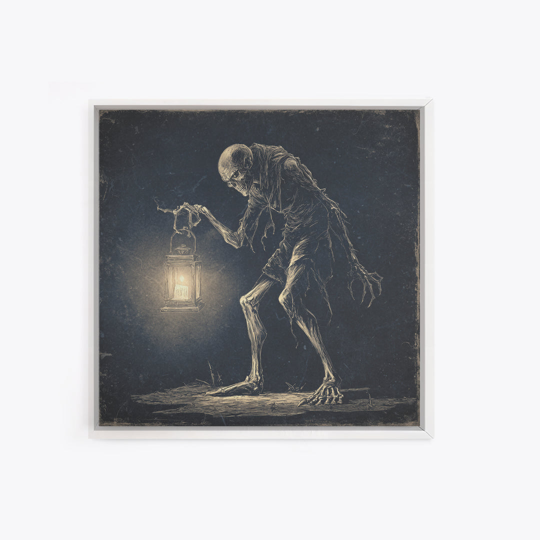 The Bone-Handled Lantern, Expressionist Nightmare Art, Square Wall Art, Dark Fantasy Wall Art, Framed Canvas Print, Halloween Wall Art