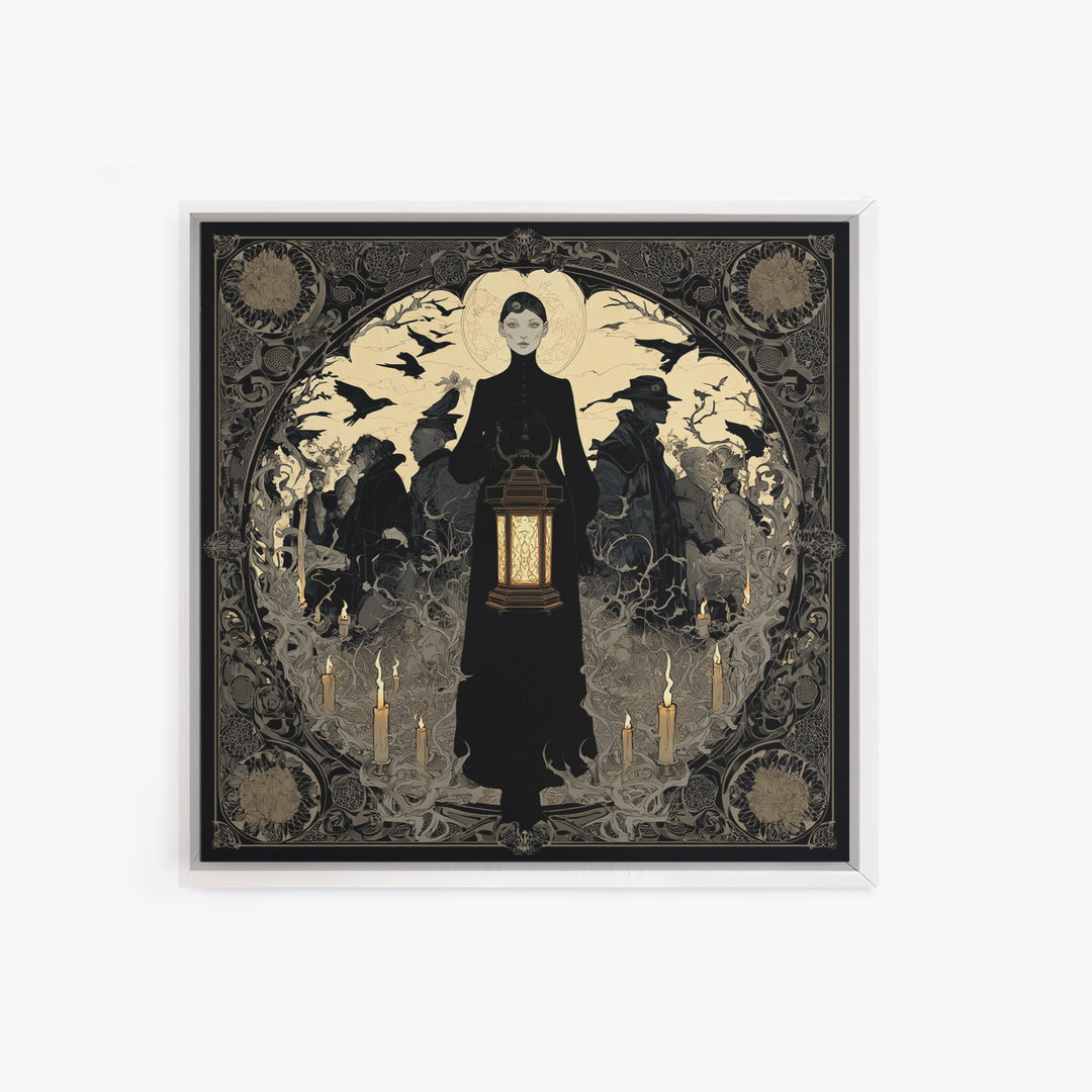 The Bone-Handled Lantern, Decadent Line Art, Square Wall Art, Gothic Horror Wall Art, Framed Canvas Print, Halloween Wall Art