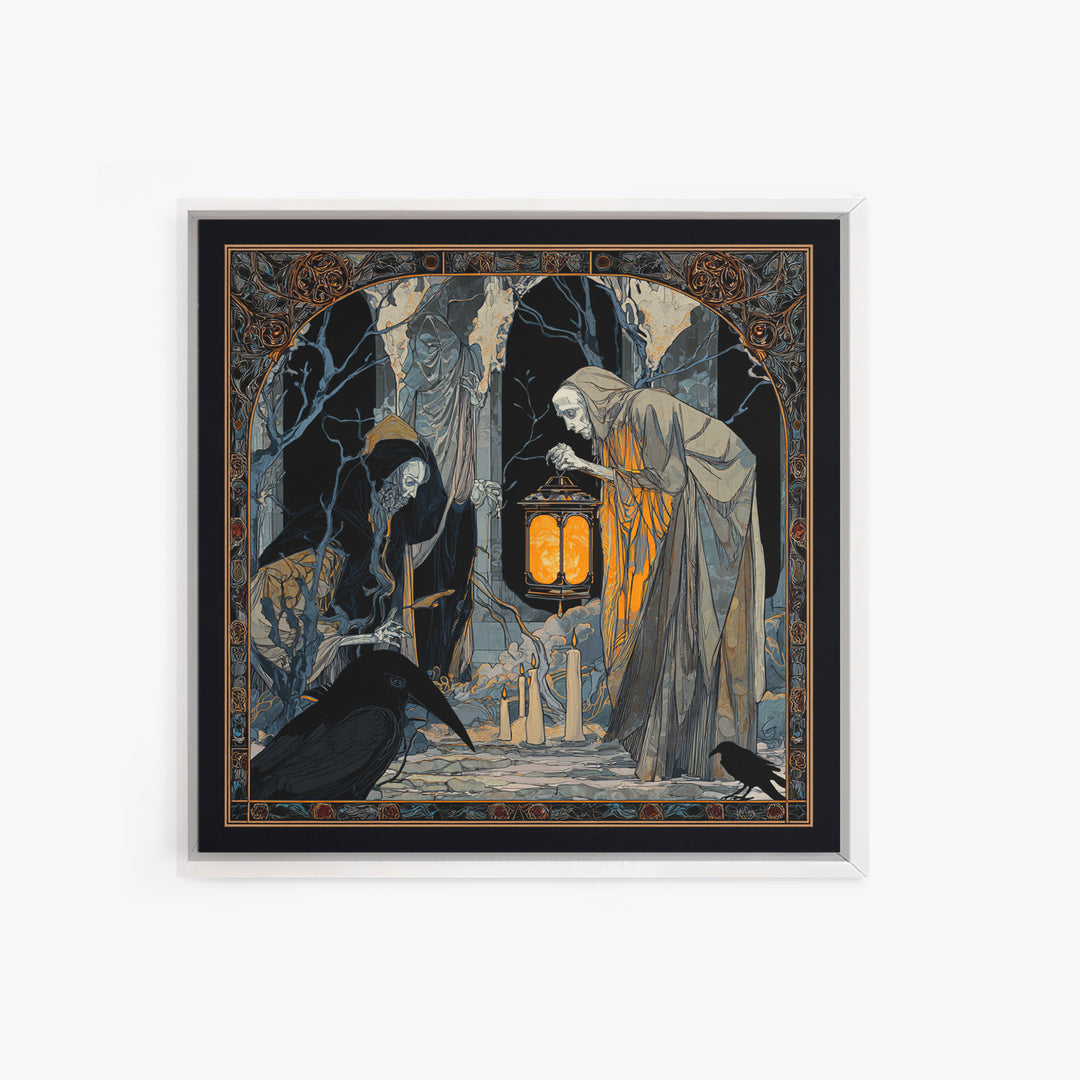 The Bone-Handled Lantern, Stained Glass Gothic Art, Square Wall Art, Gothic Horror Wall Art, Framed Canvas Print, Halloween Wall Art