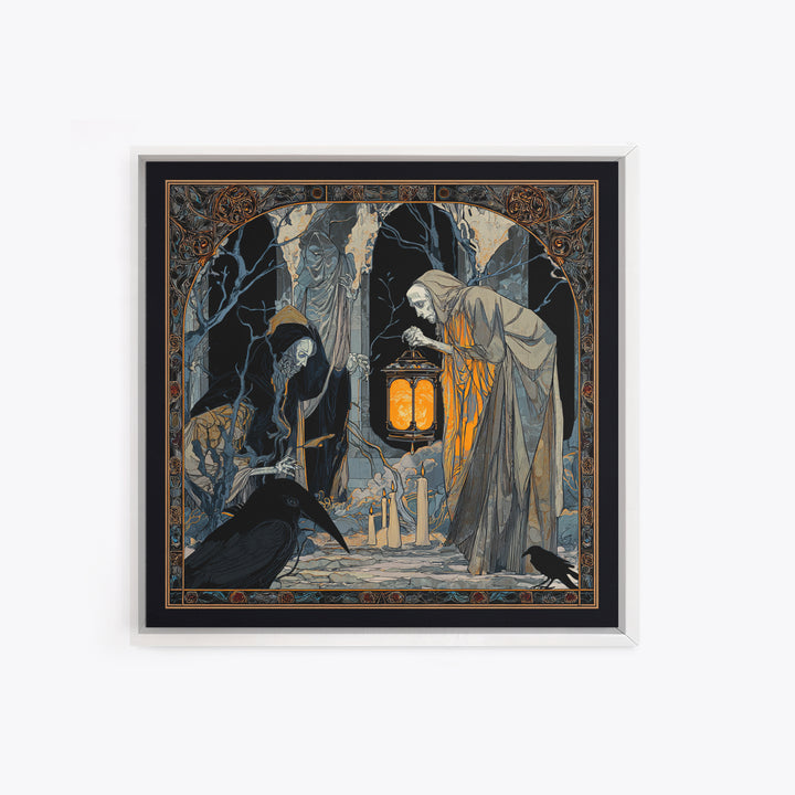 The Bone-Handled Lantern, Stained Glass Gothic Art, Square Wall Art, Gothic Horror Wall Art, Framed Canvas Print, Halloween Wall Art