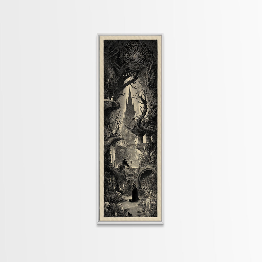 The Spiderweb Crown, Gothic Engraving Art, Tall Narrow Wall Art, Dark Fantasy Wall Art, Framed Canvas Print, Halloween Wall Art
