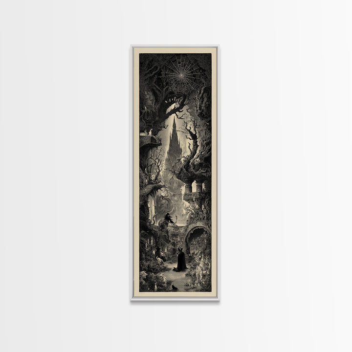 The Spiderweb Crown, Gothic Engraving Art, Tall Narrow Wall Art, Dark Fantasy Wall Art, Framed Canvas Print, Halloween Wall Art