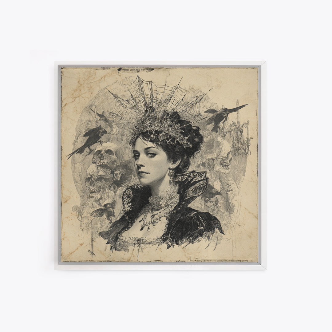 The Spiderweb Crown, Decadent Gothic Art, Square Wall Art, Dark Halloween Decor, Framed Canvas Print, Halloween Wall Art