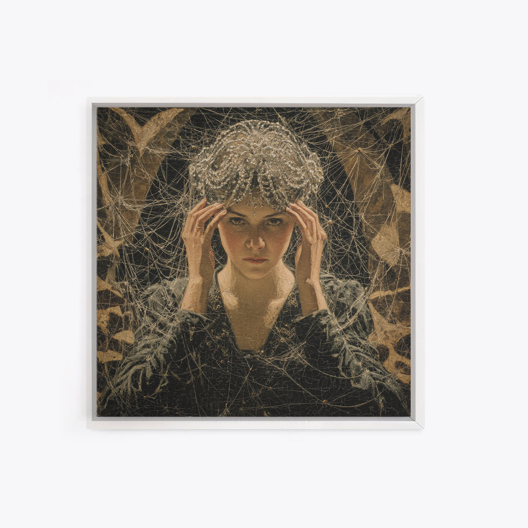 The Spiderweb Crown, Dark Symbolist Art, Square Wall Art, Dark Halloween Decor, Framed Canvas Print, Halloween Wall Art