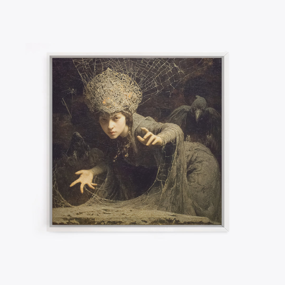The Spiderweb Crown, Symbolist Etching Art, Square Wall Art, Dark Fantasy Wall Art, Canvas Print, Halloween Wall Art