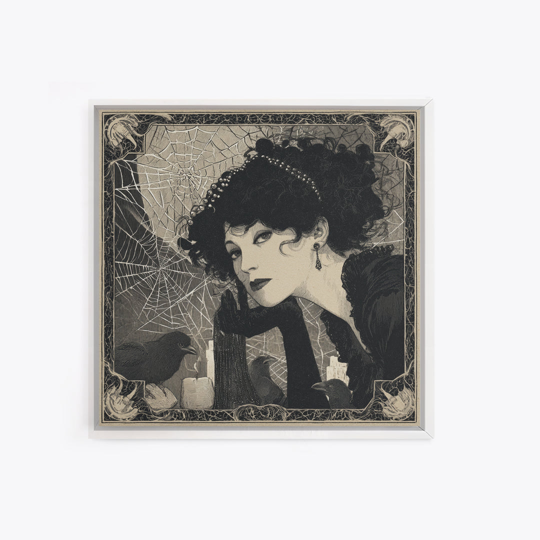The Spiderweb Crown, Decadent Line Art, Square Wall Art, Gothic Horror Wall Art, Canvas Print, Halloween Wall Art