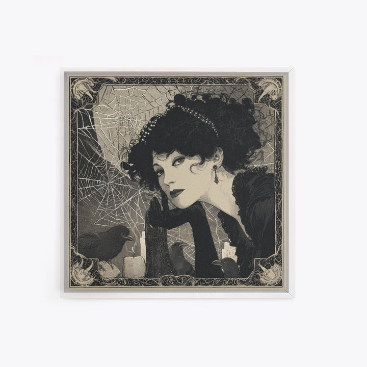 The Spiderweb Crown, Decadent Line Art, Square Wall Art, Gothic Horror Wall Art, Canvas Print, Halloween Wall Art