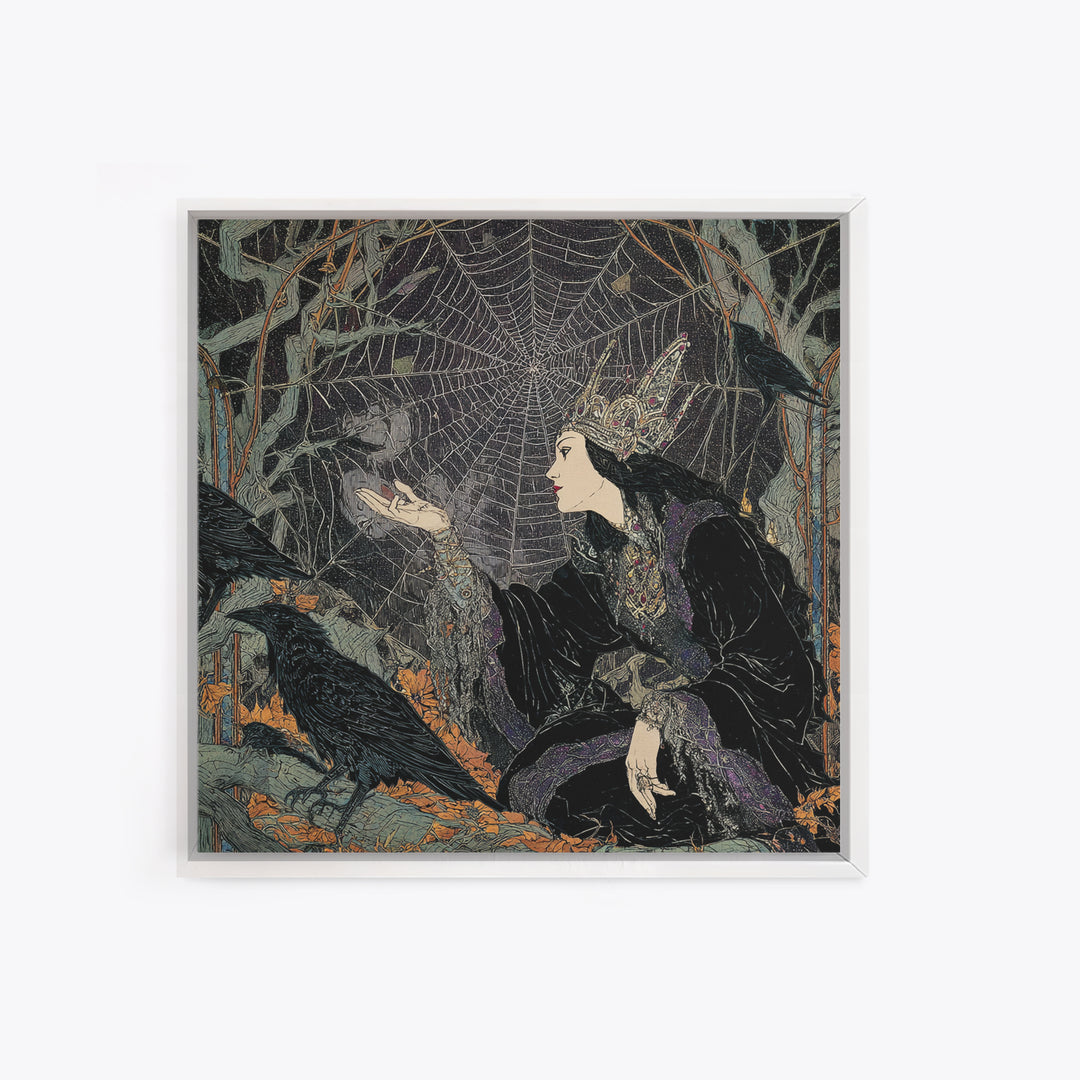 The Spiderweb Crown, Stained Glass Gothic Art, Square Wall Art, Macabre Wall Art, Framed Canvas Print, Halloween Wall Art