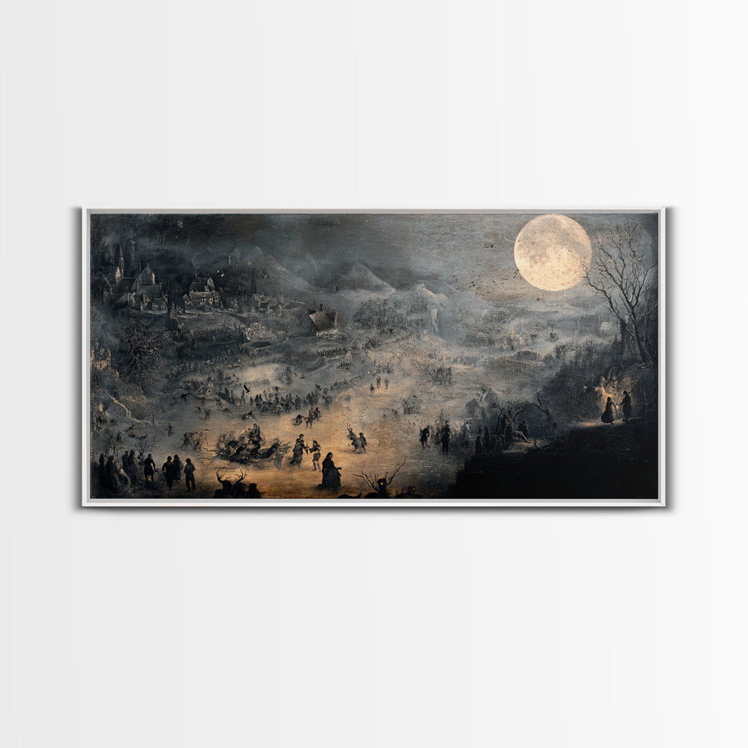 The Moonstone Amulet, Northern Renaissance Horror, Wide Panoramic Art, Dark Halloween Decor, Framed Canvas Print