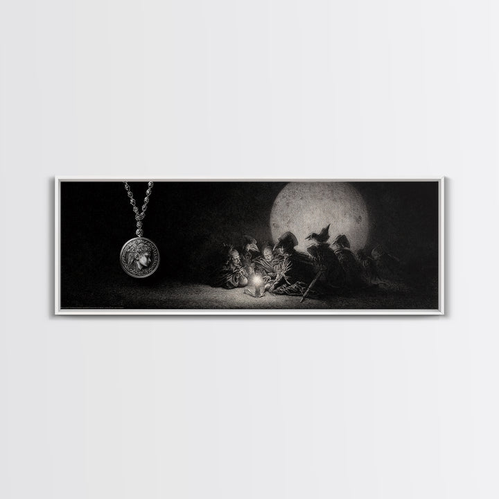 The Moonstone Amulet, Renaissance Engraving Art, Extra Wide Wall Art, Macabre Wall Art, Canvas Print, Halloween Wall Art