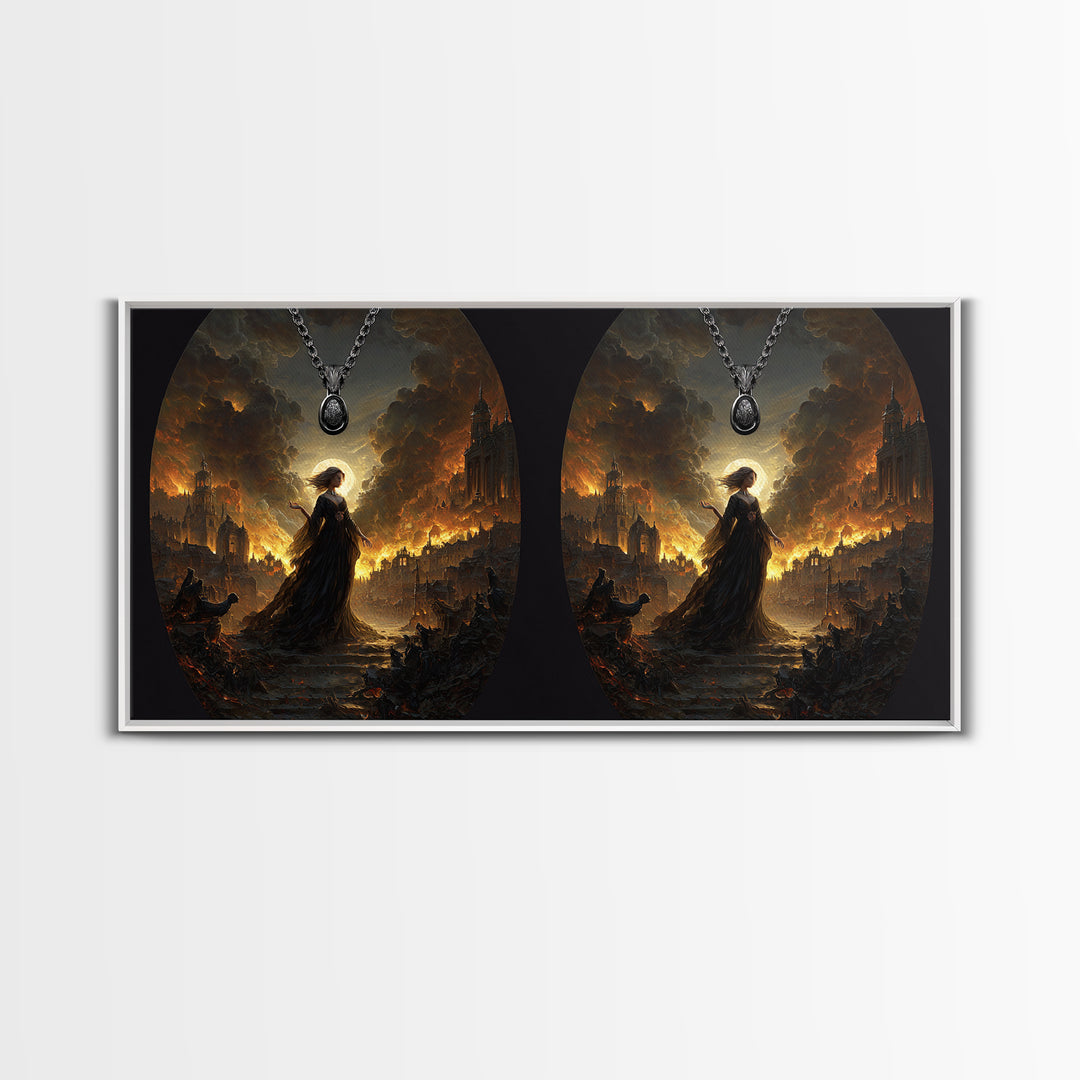 The Moonstone Amulet, Apocalyptic Romantic Art, Wide Panoramic Art, Dark Fantasy Wall Art, Framed Canvas Print, Halloween Wall Art